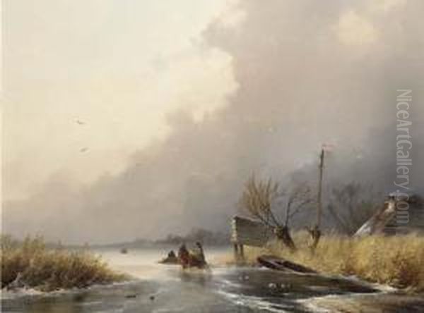 Woodgatherers On The Ice On A Windy Day Oil Painting by Johannes Franciscus Hoppenbrouwers