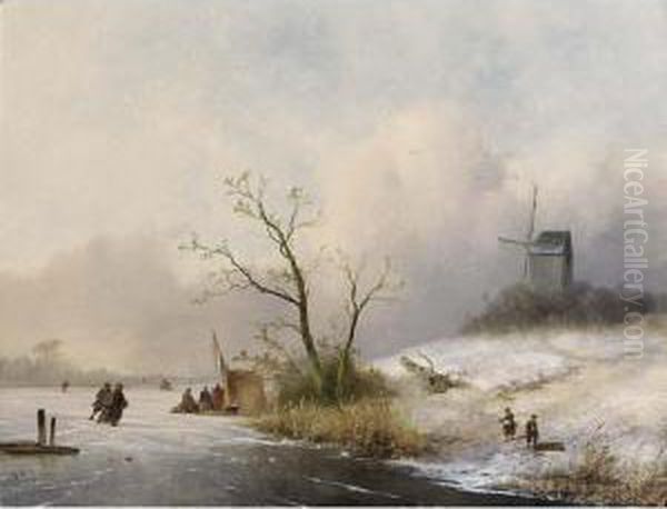 A Winter Landscape With Skaters Near A 'koek En Zopie' Oil Painting by Johannes Franciscus Hoppenbrouwers