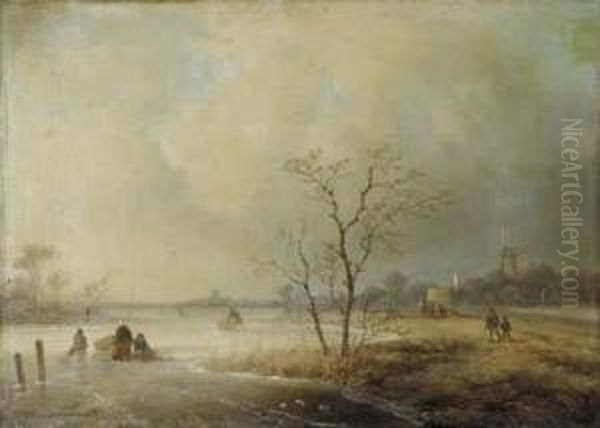 Winter Activities On The Ice Oil Painting by Johannes Franciscus Hoppenbrouwers