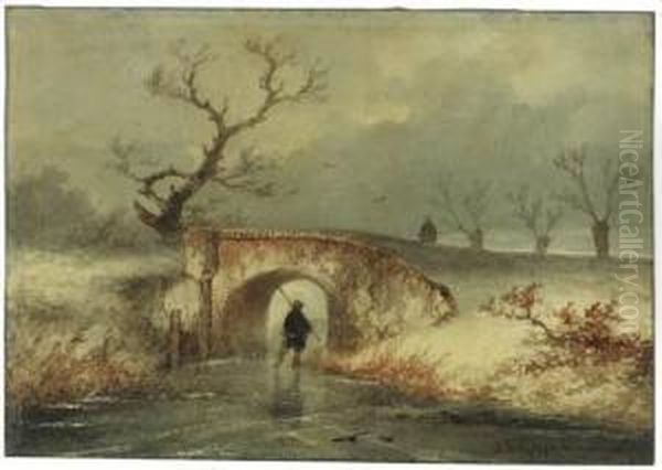 A Man Skating On A Frozen Dyke, Passing A Bridge Oil Painting by Johannes Franciscus Hoppenbrouwers