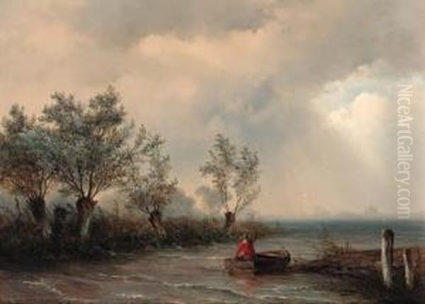 A Fisherman In A River Estuary With An Upcoming Storm Oil Painting by Johannes Franciscus Hoppenbrouwers