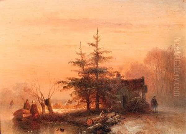 Winter Sunset Oil Painting by Johannes Franciscus Hoppenbrouwers