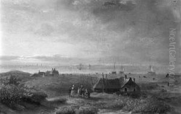 A Coastal View Of Scheveningen, With Figures Conversing On A Dunetop Oil Painting by Johannes Franciscus Hoppenbrouwers