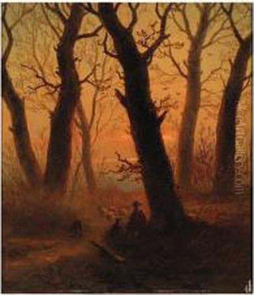 A Herdsman And Flock In A Forest At Sunset Oil Painting by Johannes Franciscus Hoppenbrouwers