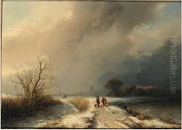 A Sportsman And Woodgatherers On A Snowy Track In A Winterlandscape Oil Painting by Johannes Franciscus Hoppenbrouwers