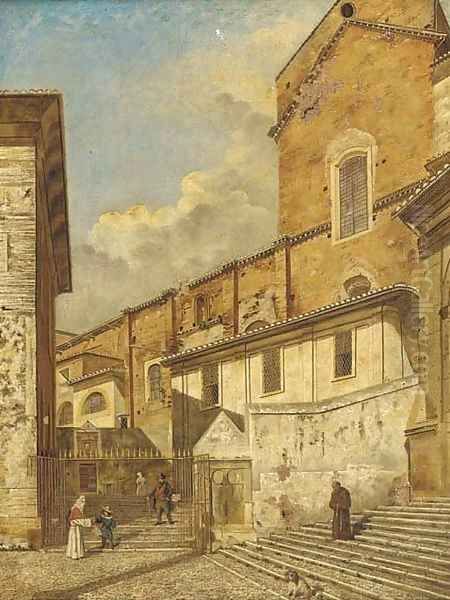 A Church exterior with a Franciscan monk and other figures Oil Painting by Follower of Canaletto, Antonio