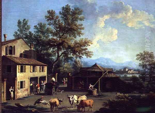 A Farmyard with Peasants and Animals Oil Painting by Gianbattista Cimaroli