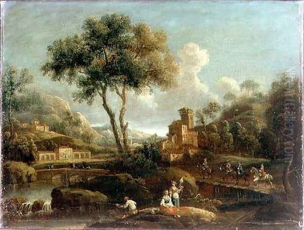 A wooded river landscape with travellers Oil Painting by Gianbattista Cimaroli