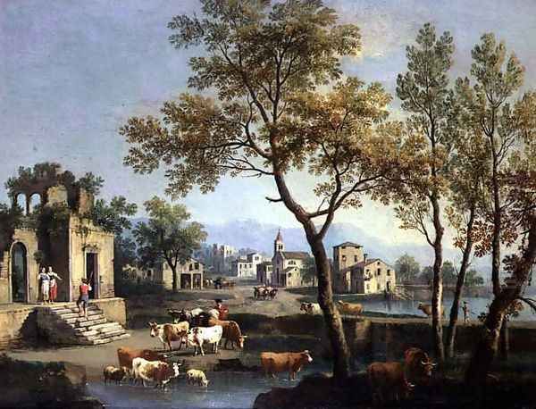 A Village Street with Peasants and Cattle Oil Painting by Gianbattista Cimaroli