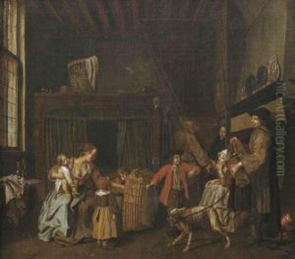 Visit Of A Hurdy-gurdy Player In Parlor. Oil Painting by Jan Jozef, the Younger Horemans