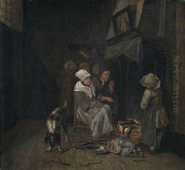 Interior Of A Kitchen With A Family Making Pancakes. Oil Painting by Jan Jozef, the Younger Horemans