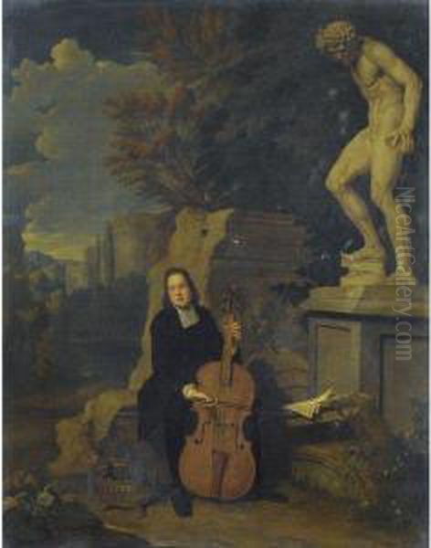 A Musician Playing The Violoncello In A Landscape With Classicalstatuary And Ruins Oil Painting by Jan Jozef, the Younger Horemans