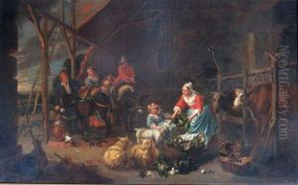 A Barn Interior With Peasants Oil Painting by Jan Jozef, the Younger Horemans