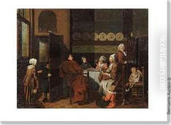 Entourage. Interieur De Cuisine Avec Scene Domestique. Oil Painting by Jan Josef, the Elder Horemans