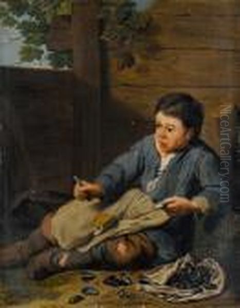 A Boy Eating Mussels In A Courtyard Oil Painting by Jan Josef, the Elder Horemans