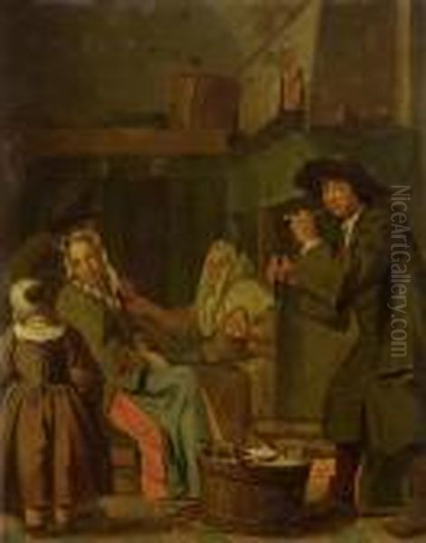 Interieur Mit Personen Am Kamin. Oil Painting by Jan Josef, the Elder Horemans