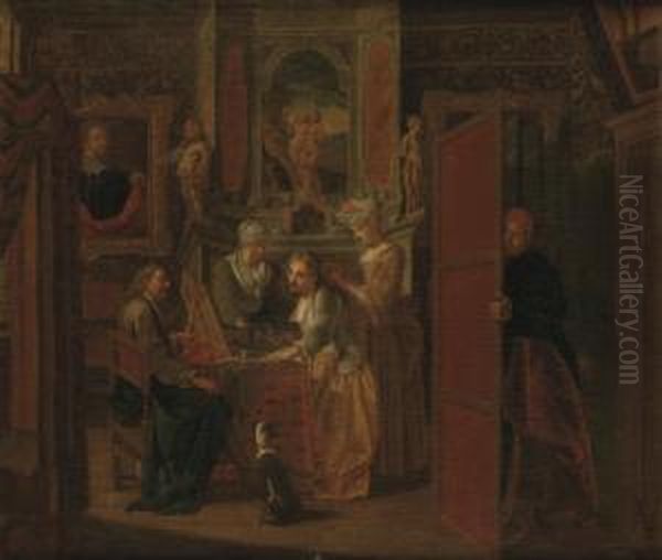 A Richly Decorated Interior With
 A Lady At Her Toilet Attended By A Gentleman And Servants, A Man 
Peeking From Behind A Room Divider Oil Painting by Jan Josef, the Elder Horemans