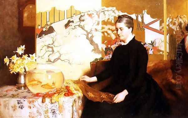 Lady With Japanese Screen and Goldfish (Portrait of the Artist's Mother) Oil Painting by James Cadenhead