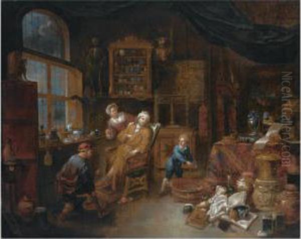 A Doctor's Interior With A 
Doctor Treating A Patient's Ankle, Together With A Woman Offering A 
Drink And A Little Boy Nearby, A Still Life Of Books, Jugs, Pots And A 
Skull To The Right Foreground Oil Painting by Jan Josef, the Elder Horemans