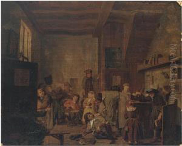 A Classroom Interior With A Teacher Reprimanding A Pupil Oil Painting by Jan Josef, the Elder Horemans