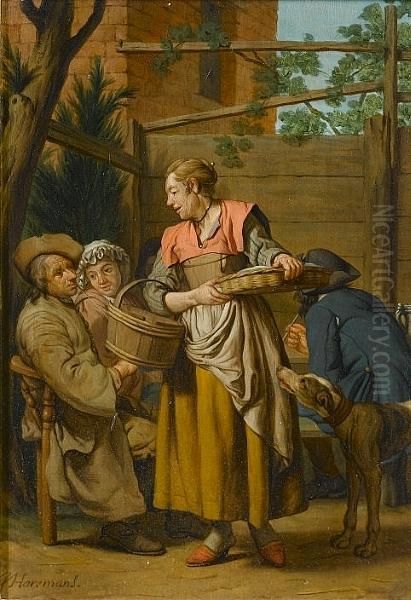 Figures In A Yard Smoking Oil Painting by Jan Josef, the Elder Horemans