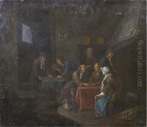 A Tavern Interior With Figures 
Drinking, Smoking And Playing A Game Near An Open Fireplace Oil Painting by Jan Josef, the Elder Horemans