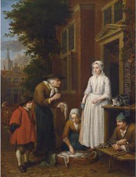 Fishmongers Selling Fish To An Elegant Lady Oil Painting by Jan Josef, the Elder Horemans