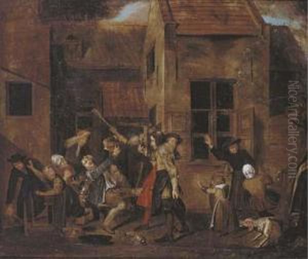 A Brawl Outside A Tavern Oil Painting by Jan Josef, the Elder Horemans