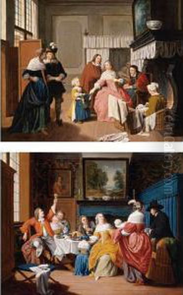 Interior Scene With Figures By A
 Hearth; Interior Scene With Figures Gathered Around A Table Oil Painting by Jan Josef, the Elder Horemans