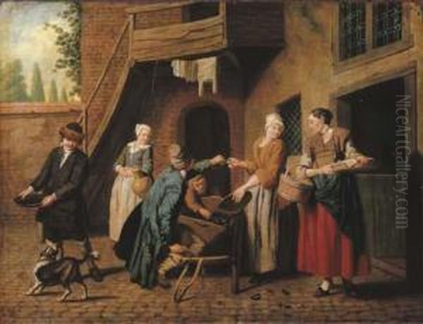 A Courtyard In A Town With A Mussel Seller And Other Figures Oil Painting by Jan Josef, the Elder Horemans