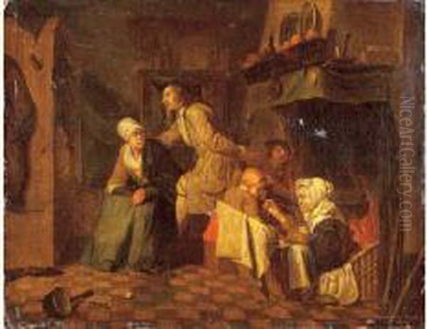 Reunion Devant La Cheminee. Oil Painting by Jan Josef, the Elder Horemans