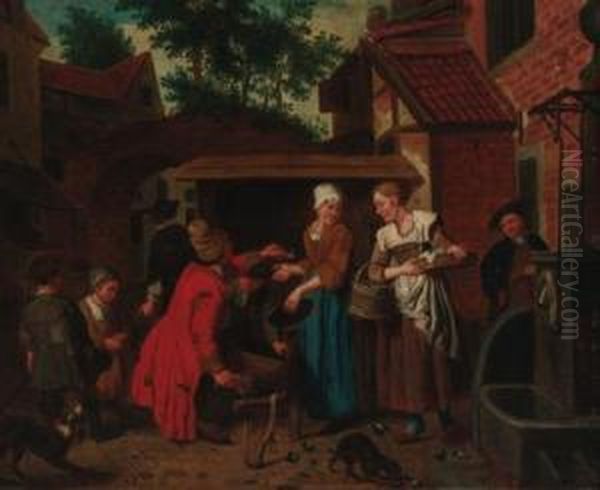 Townsfolk Buying Mussels In A Courtyard Oil Painting by Jan Josef, the Elder Horemans