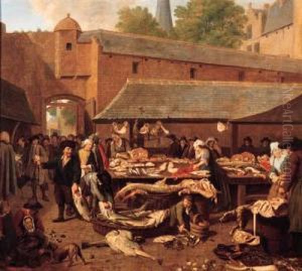 A Fishmarket Oil Painting by Jan Josef, the Elder Horemans