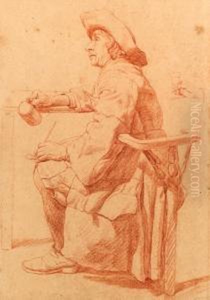 A Man Seated At A Table Holding A
 Pul And A Pipe, A Subsidiarystudy Of His Hand Holding A Glass Oil Painting by Jan Josef, the Elder Horemans