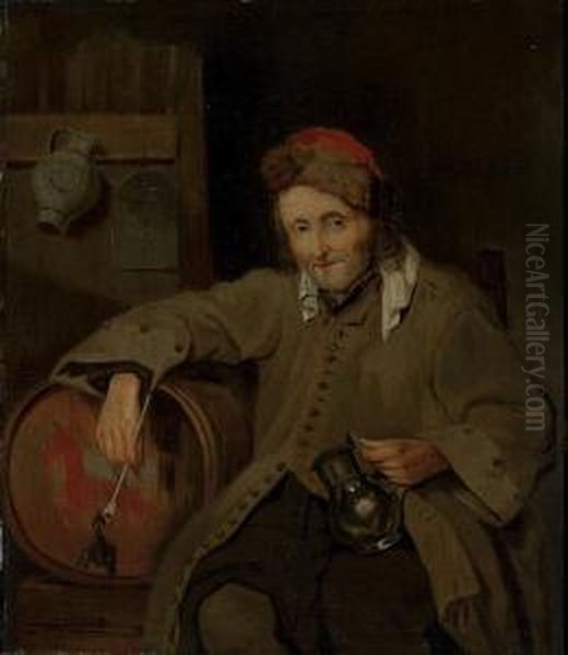 A Man Holding A Pipe And A Tankard, Seated By A Cask Of Ale In Atavern Oil Painting by Jan Jozef, the Younger Horemans