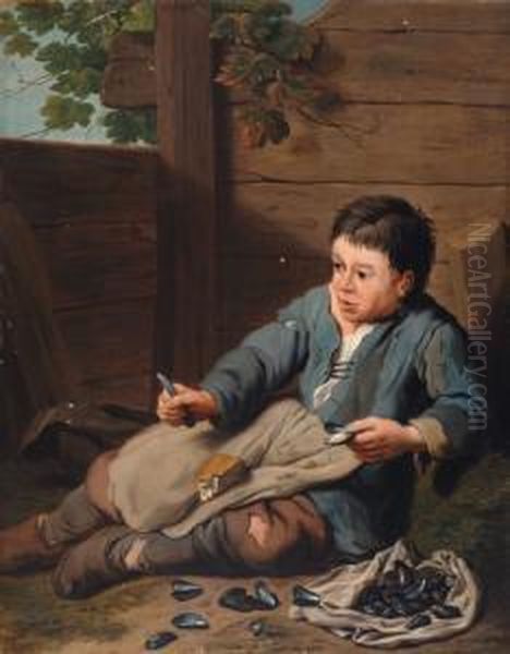 Young Boy Eatingmussels Oil Painting by Jan Jozef, the Younger Horemans