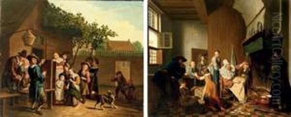 A Village Scene With A 
Puppeteer; And A Domestic Interior With A Boy Being Scolded For Breaking
 A Plate Oil Painting by Jan Jozef, the Younger Horemans