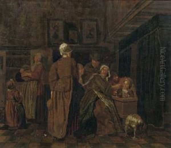 A Family In An Interior Oil Painting by Jan Jozef, the Younger Horemans