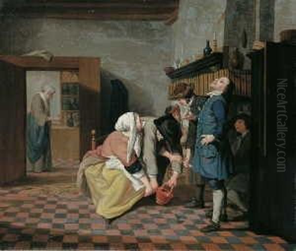 Frohliche Gesellschaft Im Salon. Signiert Unten Links: J. Horemans. Ol Auf Leinwand Oil Painting by Jan Jozef, the Younger Horemans