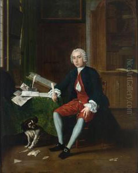 A Full-length Portrait Of A Gentleman With His Dog In An Elegant Interior Oil Painting by Jan Jozef, the Younger Horemans