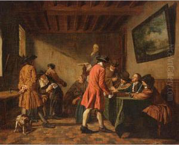 Elegant Figures In An Interior Playing Tric-trac Oil Painting by Jan Jozef, the Younger Horemans