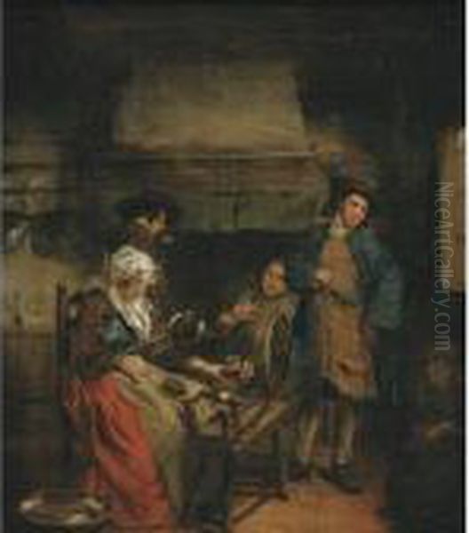 Interior With Figures By A Fireplace Oil Painting by Jan Jozef, the Younger Horemans