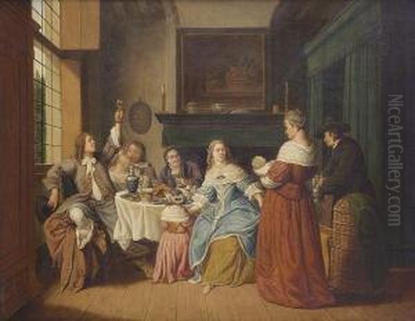 An Elegant Company Eating And Drinking In An Interior Oil Painting by Jan Jozef, the Younger Horemans