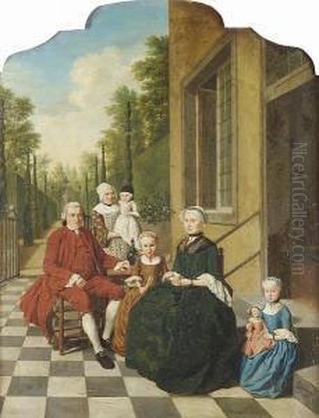 A Group Portrait Of A Gentleman 
And His Wife With Their Two Daughters And A Maid Holding An Infant In A 
Courtyard, A View To An Avenue Of Trees Beyond Oil Painting by Jan Jozef, the Younger Horemans