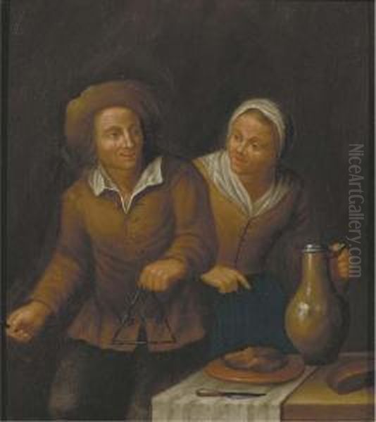 A Peasant Couple In An Interior Oil Painting by Jan Jozef, the Younger Horemans