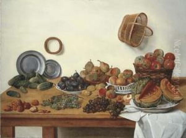 A Sliced Melon, Apples, Pears, 
Plums, Gherkins By Two Pewterplates, With Nuts And Black And White 
Grapes By A White Cloth On Atable With A Wicker Basket Hanging From A 
Wall Oil Painting by Jan Jozef, the Younger Horemans