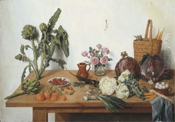 Cauliflower, Onions, Peaches, 
Cherries, Artichokes, Roses In A Glass Vase, A Jug, A Basket With 
Carrots, Cabbages And Eggs With A Blue Cloth On A Table Oil Painting by Jan Jozef, the Younger Horemans