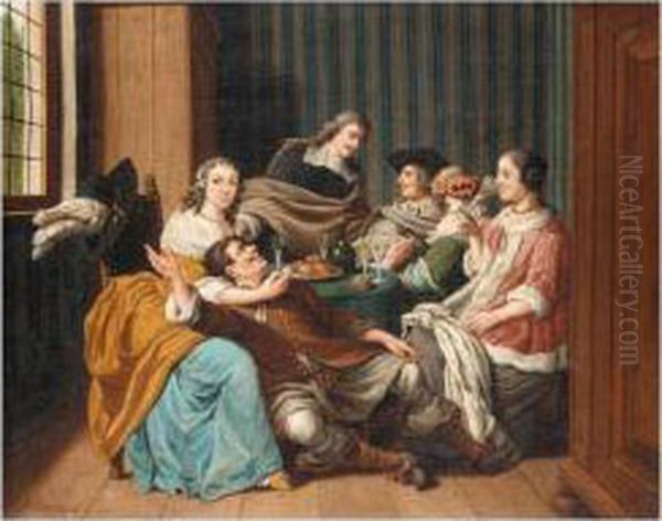 An Interior With A Merry Company Oil Painting by Jan Jozef, the Younger Horemans