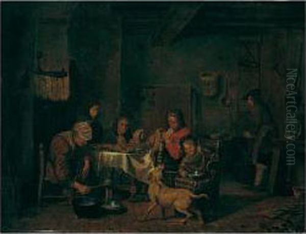 A Family Eating And Drinking In An Interior Oil Painting by Jan Jozef, the Younger Horemans