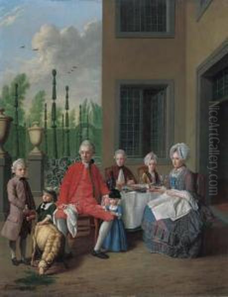 Group Portrait Of The Van Den Bosch Family, Dining By A House, Atopiary Garden Beyond Oil Painting by Jan Jozef, the Younger Horemans